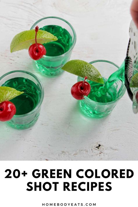 I need some fun green colored shots and shooters for St. Patrick's day at the bar. I'm a bartender, so I'm always trying to learn new alcoholic shot recipes. These green shots could also be good for Halloween. Some of the shots are light green while others are dark green. They use a variety of liquors like Midori, vodka, rum, and more! Kiwi Juice, Apple Schnapps, Green Shot, Halloween Shots, Shooter Recipes, Apple Martini, Alcohol Party, Shots Alcohol, Vodka Shots