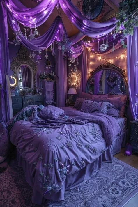 Purple Witchy Bedroom Ideas, Purple Whimsigoth Bedroom, Magic Room Aesthetic, Fantasy Room Ideas, Moon Room Aesthetic, Purple Room Decor Ideas, Purple Bedroom Aesthetic, Celestial Room Decor, Room Ideas Purple