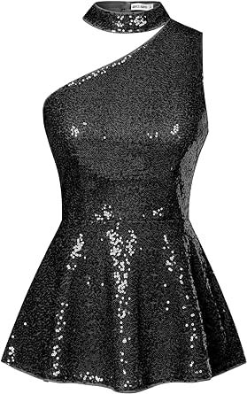 GRACE KARIN Women's Sparkly Sequin Tops Sleeveless Slim Fit Glitter Cocktail Blouse Sparkle One Shoulder Club Party Shirts Black Glitter Top, Sparkly Sequin Top, Black Party Tops, Cocktail Blouse, Sparkly Shirt, Sequin Peplum Top, Clubwear Tops, Kimono Sleeve Top, White Sheer Top