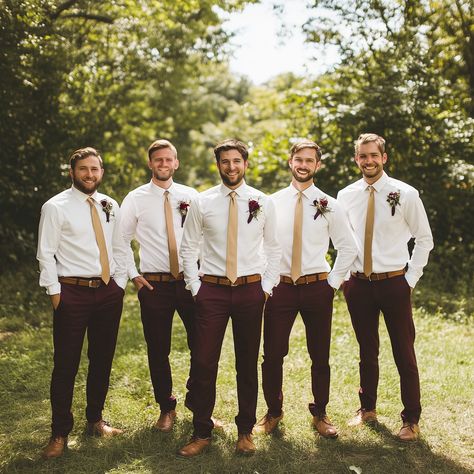 Burgandy Groomsmen Attire, Burgundy Groomsmen Attire, Groom Attire Rustic, Tan Groomsmen, Brown Groomsmen, Casual Wedding Attire, Love Birds Wedding, 2025 Wedding, Fall Wedding Colors