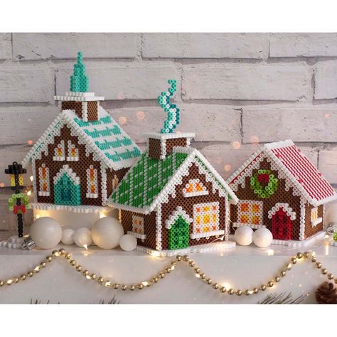 Perler Beads Ideas 3d, Village Gingerbread House, 3d Gingerbread House, 3d Gingerbread, Hama Beads Christmas, Christmas Perler Beads, Gingerbread House Kits, Gingerbread Village, 3d Perler Bead