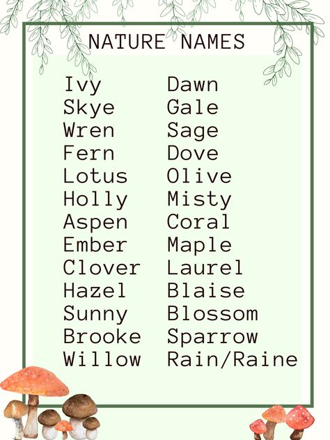 Nature Names Aesthetic, Nature Names With Meaning, Nature Nicknames, Writing Name Ideas, Forest Names Nature, Nature Related Names, Interesting Last Names, Nature Name Ideas, Cottagecore Name Ideas