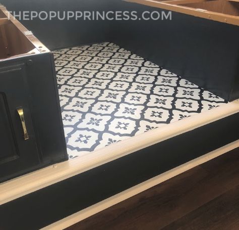 Katie Graham's Pop Up Camper Remodel - The Pop Up Princess Pop Up Camper Remodel Black, Pop Up Camper Remodel, Tent Trailer Camping, Camper Decorating, Camper Inspiration, Camper Mods, Pop Up Princess, Camper Flooring, Popup Camper Remodel