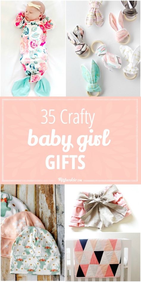 35 adorable Baby Girl Gifts to make.  Perfect for a baby shower. via @tipjunkie Things To Sew For Baby Sewing Patterns, Diy Gifts For Baby Girl, Baby Shower Sewing Gifts, Hand Made Baby Gifts, New Baby Gifts Diy, Easy Baby Clothes To Sew, Homemade Baby Gift Ideas, Diy Baby Girl Gifts, Diy Baby Gift Ideas