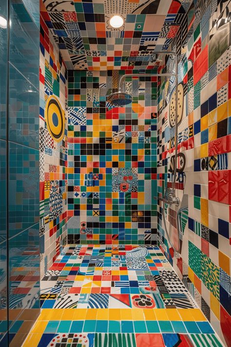 Create a visually stunning small bathroom with these walk-in shower designs Tile Shower Ideas Colorful, Bathroom Tile Colorful, Shower Interior, Color Changing Tiles Showers, Bathroom Aesthetic Colorful, Small Aesthetic Bathroom, Maximalist Tiny Bathroom, Small Shower, Walk In Shower Small Bathroom