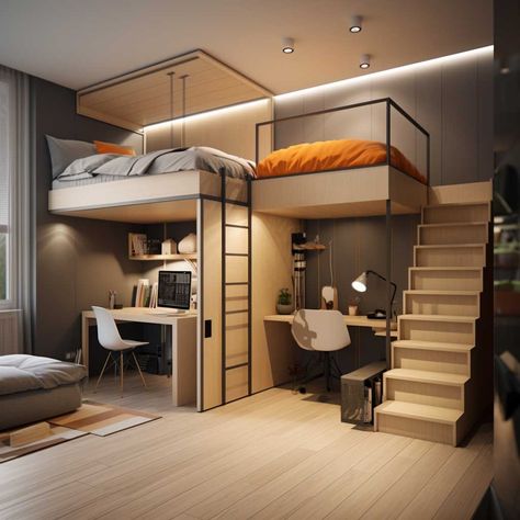 Elevated Bed With Desk, Luxury Teen Bedroom, Kids Bunk Bed Ideas, Loft Bed House, Bedroom Ideas For Teen Boys, Loft Type Bedroom, Bunk Bed Bedroom Ideas, Loft Beds For Teens, Loft Beds For Small Rooms