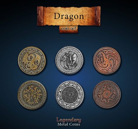 Fantasy Currency, Mythic Creatures, Adventurer's Guild, Game Place, Currency Design, Money Pictures, Copper Coins, Medieval Times, Magical Jewelry