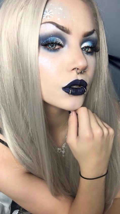 Megan Mayhem. Gothic Makeup Ideas Dark Beauty, Gothic Makeup For Blue Eyes, Megan Mayhem, Mopey Goth Makeup, Gothic Makeup Blonde Hair, Gothic Hippie, White Hair Color, Dramatic Eye Makeup, Face Piercings