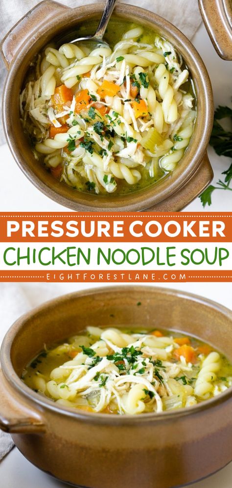 Your comfort food ideas won't be complete without this chicken soup! Hearty and filling, this Pressure Cooker Chicken Noodle Soup is the BEST. So, get your Instant Pot ready and have a bowl of this easy lunch recipe or dinner idea for tonight! Ip Chicken Soup Recipes, Homemade Chicken Noodle Soup Pressure Cooker, Instant Pot Chicken Noodle Soup Recipes, Instapot Chicken Noodle Soup, Instant Pot Chicken Soup Recipes, Pressure Cooker Chicken Noodle Soup, Chicken Soup Instant Pot, Instant Pot Chicken Soup, Pressure Cooker Soup Recipes