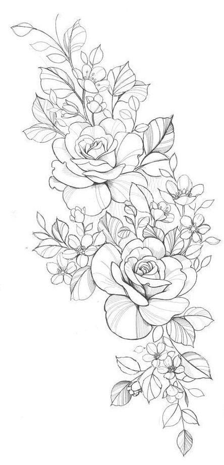 Peonies And Roses Tattoo, Floral Sleeve Stencil, Fine Line Rose Tattoo, Fine Line Flower Tattoo, Flower Hip Tattoos, Drawing Rose, Hip Tattoo Designs, Colorful Tattoo, Floral Tattoo Shoulder