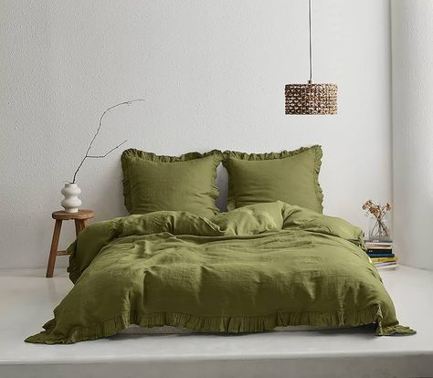 Amazon.com: Simple&Opulence 100% Washed French Linen Duvet Cover Set-104''x92'' King Size-3 Pieces Boho Vintage Ruffled Farmhouse Bedding 1 Comforter Cover 2 Pillowshams Floral Frill Flax Sets,Dusty Blue : Home & Kitchen Green Linen Duvet Cover, Green Linen Duvet, Ruffled Duvet, Unique Duvet Covers, Washed Linen Duvet Cover, Ruffle Duvet Cover, Linen Comforter, King Bedding, Queen Size Comforter