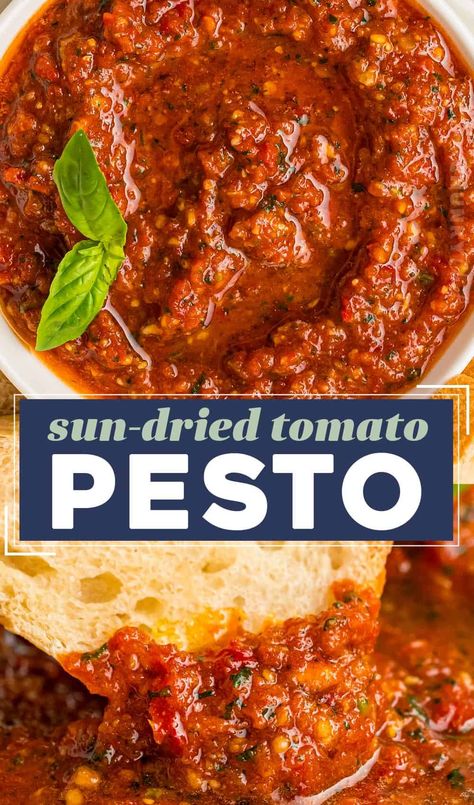 This Sun-dried Tomato Pesto recipe is made in just minutes, with plenty of tangy sun-dried tomatoes, fresh basil, pine nuts, garlic, olive oil and Parmesan cheese. Perfect on pasta, sandwiches, drizzled over veggies or pizza, stirred into Alfredo sauce, used in soups, and more! Italian Appetizers Easy, Sun Dried Tomato Pesto, Vegan Pesto Recipe, Italian Recipes Appetizers, Vegan Italian Recipes, Simply Quinoa, Vegan Pesto, Italian Appetizers, Tomato Pesto