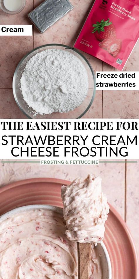 This delicious Strawberry Cream Cheese Frosting is made with freeze-dried strawberries and has a deliciously tangy and sweet flavor with a rich and creamy texture. It’s perfect for topping cakes, cupcakes, or just eating right off the spoon! If you’re looking to level up your fruity frosting, try adding cream cheese to the mix! This classic frosting ingredient gives the frosting a delicious tangy flavor and a rich and creamy texture. Ready in just 10 minutes. Strawberry Frosting With Dried Strawberries, Strawberry Cake Freeze Dried Strawberries, Freeze Dried Strawberry Cake, Freeze Dried Strawberry Frosting, Strawberry Cream Cheese Icing Recipe, Strawberry Cake Icing, Strawberry Cream Cheese Icing, Strawberry Frosting Recipes, Strawberry Cream Cheese Filling