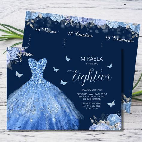 Gown 18th Birthday, Debut Invitation 18th, Glitter Gown Dress, Party Celebration Ideas, Script Layout, 18th Birthday Invitation, Light Blue Gown, Debut Invitation, Invitation Layout