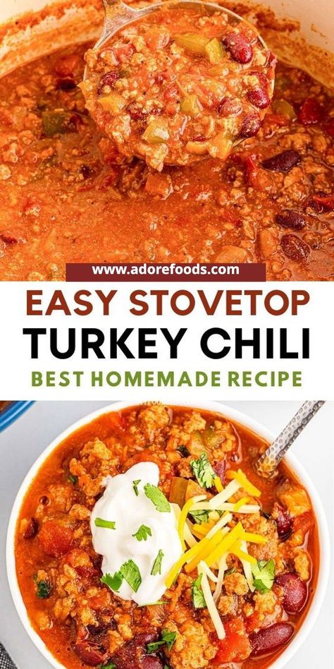 Healthy Turkey Dinner, Turkey Dinner Recipes, Homemade Turkey Chili, Ground Turkey Chili Recipe, Turkey Chili Recipe Easy, Easy Turkey Chili, Chili Recipe Stovetop, Stovetop Chili, Ground Turkey Chili