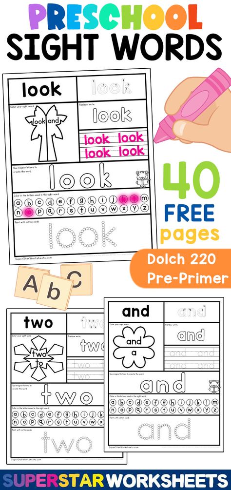 Preschool Sight Word Printables containing Pre-Primer Dolch Sight adorable printables give your students an engaging way to practice reading and writing sight words! Included are 40 FREE pages of tracing, coloring, stamping, building activities, and MORE! #prek #readingresources #preschoolsightwords #preprimerdolchwords #dolchsightwords #preschool #readingworksheets #sightwordworksheets #printables Sight Word Is Worksheet, Pre K Sight Words Printables, Pre K Sight Words List, Sight Word Books Free Printable, Free Tracing Printables Preschool, Etsy Worksheets, Sight Word Printables Free, Sight Words For Preschool, Preschool Free Printables