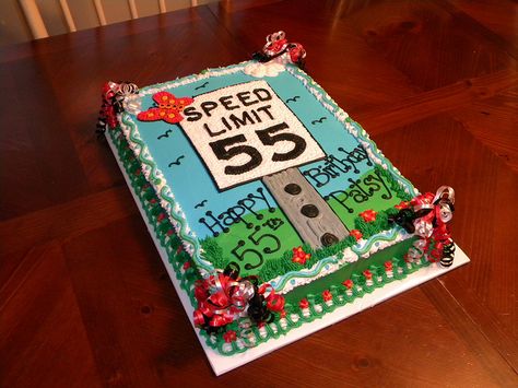 Speed Limit 55 Birthday Cake by Cakes By Jen, via Flickr 55 Speed Limit Birthday Ideas, Speed Limit 55 Birthday Ideas, Speed Limit Cake, 55 Birthday Ideas For Men, 45th Birthday Cake, 55th Birthday Decorations, Graduation Party Yard Signs, 55th Birthday Party Ideas, Cars Birthday Cake