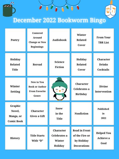 A book/reading Bingo card I made. December Book Bingo, Book Bingo, December Reading, Bingo Books, Reading Bingo, Tbr Books, Reading List Challenge, Christmas Reading, List Challenges