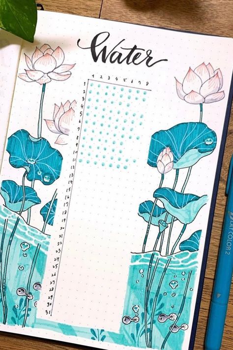 Bujo Trackers Ideas, Water Log Bullet Journal, Bujo Water Tracker, Water Tracker Ideas, Bujo Fitness Tracker, Bujo Health, Water Tracker Bullet Journal, Bullet Journal Water Tracker, Bujo Fitness