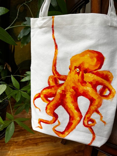 Cool Painting Designs, Orange Octopus, Summer Tote Bag Painting, Tote Bag Diy Design, Tote Bag Art Painting, Tote Bags Painting Ideas, Tote Bag Design Paint, Tote Bag Custom, Totebag Painting