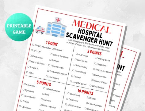 "Medical HOSPITAL Scavenger Hunt to make any work party fun! Great as an ice breaker for new employees, retirement parties, employee appreciation parties for hospital staff. Great for Nurses Week or Doctor's Day. PLEASE NOTE ✨ This is a DIGITAL PRINTABLE item -- no physical item will be shipped.  It is NOT editable. You are purchasing ONE game with ONE PDF file. HOW TO ORDER ✨ Click \"Add to Cart\" and purchase the PDF file. Click 'Your profile', then 'Purchases' then click 'Download Files.' You Employee Scavenger Hunt, Hospital Scavenger Hunt, Cath Lab Nursing, Employee Appreciation Party, Work Morale, Morale Ideas, Pharmacy Week, Scavenger Hunt Printable, Fun Icebreakers