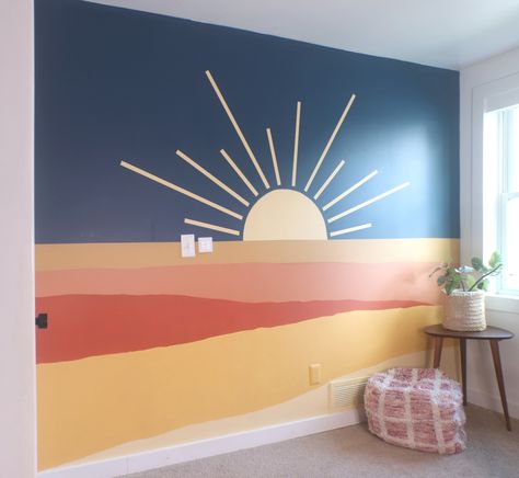 Boys Mural Bedroom, Sunrise Wall Paint, Mural Easy Ideas, Wall Murals For Kids, East Wall Mural, Sunrise Mural Bedroom, Beach Sunset Mural, Painted Sun On Wall, Kids Room Mural Ideas