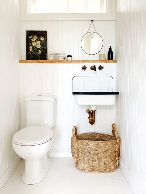 Courtney Adamo's Before and After Renovation Makes a Backyard Shed a Central Part of Her Home White Washed Wood Paneling, Downstairs Loo, Bad Inspiration, Decor Ikea, Modern Toilet, Decor Studio, Backyard Shed, Tiny Bathrooms, Downstairs Bathroom