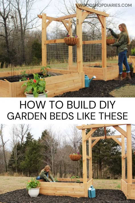 Raised Bed And In Ground Garden, Raised Garden Beds With Arbor, Garden Boxes Raised With Trellis, Raised Garden Bed With Arbor, Raised Bed With Arch Trellis, Raised Flower Beds With Trellis, Simple Garden Plans, Diy Wooden Raised Garden Bed, Raised Bed Garden Trellis