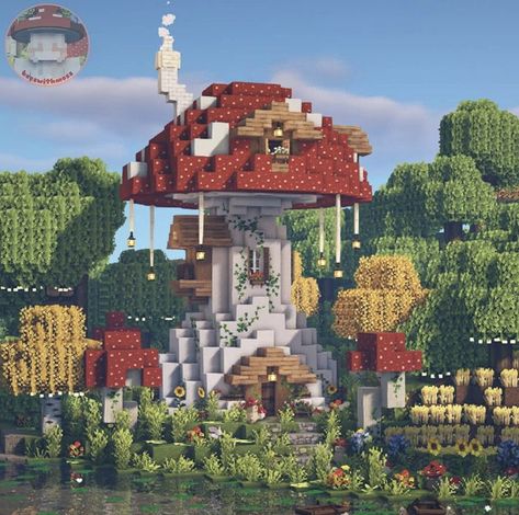 Minecraft Mushroom Tower, Minecraft Fairy House, Minecraft Barn, Cottagecore Minecraft, Minecraft Structures, Bangunan Minecraft, Tiny Mushroom, Any Pronouns, Minecraft Cottage