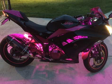 Pink Ninja 300 woman's  motorcycle Motorbike Kawasaki Ninja, Pink Ninja Motorcycle, Motorcycle With Lights, Kawasaki Ninja Black And Purple, Pink Kawasaki Ninja 300, Black And Pink Bike, Motorcycle Ninja 400, Pink Kawasaki Ninja 400, Ninja Bike 300