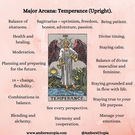 Temperance, in upright position from the Major Arcana suit in the tarot deck and its meanings, including the astrology and numerology meanings.

#Temperance #MajorAcarna #TarotCardMeanings #Tarot The Temprence Tarot Meaning, Temperance Tarot Art, Temprence Tarot Card, The Temperance Tarot Meaning, Temprence Tarot Meaning, Temperance Tarot Tattoo, Temperance Tarot Card Meaning, Temperance Meaning, Temperance Tarot Meaning