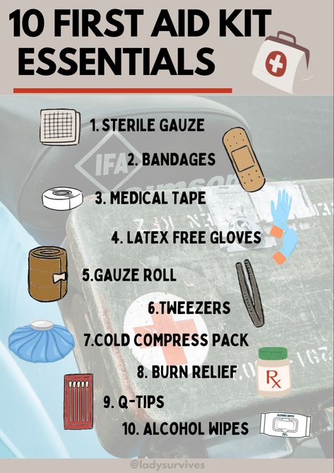 10 First Aid Kit Essentials | Emergency Preparedness | Survival Tips | Safety Facts | Hiking Guide Health First Aid Emergency Kit Travel First Aid Kit Essentials, Advanced First Aid Kit, Diy Emergency Kit For Home, Hiking Emergency Kit, Portable First Aid Kit, Basic First Aid Kit Checklist, First Aid Kit Aesthetic, Homemade First Aid Kit, First Aid Kit Essentials