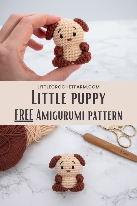 Quick amigurumi project to work, this crochet puppy will steal your heart! One more free amigurumi pattern from the Little Animals collection. Take a look at the bunny, kitty, elephant and many others amigurumi crochet animals on littlecrochetfarm.com Mini Elephant Amigurumi Free Pattern, Crochet Amigurumi Mini Dog Free Pattern, Free Crochet Pocket Pal Patterns, Animaguri Crochet Beginner, Crochet Puppy Keychain, Crochet Pocket Pets, Crochet Pocket Pals Free Pattern, Puppy Amigurumi Free Pattern, Simple Crochet Animals