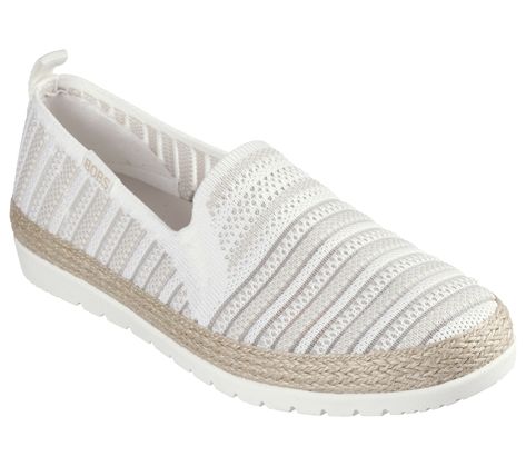 Bring on the vacay vibes in style and comfort with BOBS from Skechers Flexpadrille 3.0 - Moon Edge. This casual espadrille flat features an engineered woven knit upper with jute midsole trim and a cushioned Skechers Memory Foam insole. For every BOBS purchase, a donation is made to animals in need. | Skechers Women's BOBS Flexpadrille 3.0 - Moon Edge Flats | Medium Width | Skechers Memory Foam cushioned comfort insole | Crafted with 100% vegan materials | Engineered woven knit upper with twin go White Skechers, Vacay Vibes, Skechers Memory Foam, Skechers Bobs, Wide Shoes, Casual Loafers, Skechers Women, Potato Soup, Flat Espadrilles