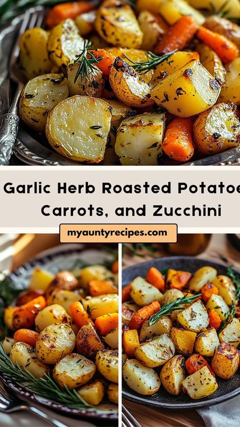 Discover the simplicity and deliciousness of our Flavorful Garlic Herb Roasted Potatoes, Carrots, and Zucchini! This vibrant side dish is a perfect complement to any main course, featuring a medley of colorful vegetables tossed in garlic and fresh herbs. Roasted to perfection, these veggies are tender on the inside and crispy on the outside, making them a crowd-pleaser at family dinners or gatherings. Herb Roasted Vegetables, Sweet Roasted Carrots, Garlic Herb Roasted Potatoes, Roasted Potatoes Carrots, Carrots And Zucchini, Roasted Veggies Recipe, Herb Magic, Roasted Vegetable Medley, Sweet Carrots