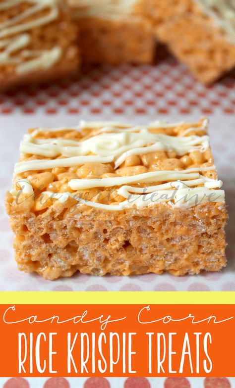 Candy Corn Rice Krispie Treats | The Girl Creative Candy Corn Recipes, Candy Corn Rice Krispie Treats, Candy Corn Desserts, Candy Corn Recipe, Melted Candy, Halloween Rice Krispie Treats, Corn Rice, White Chocolate Candy, Marshmallow Treats