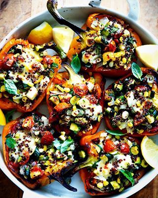 Stuffed Peppers with Quinoa, Corn, and Zucchini | Alexandra's Kitchen Vegetarische Diners, Zucchini Quinoa, Vegetarian Stuffed Peppers, Recipe Hacks, Sauteed Zucchini, Bell Pepper Recipes, Diner Recept, Stuffed Poblano Peppers, Halloween Dinner