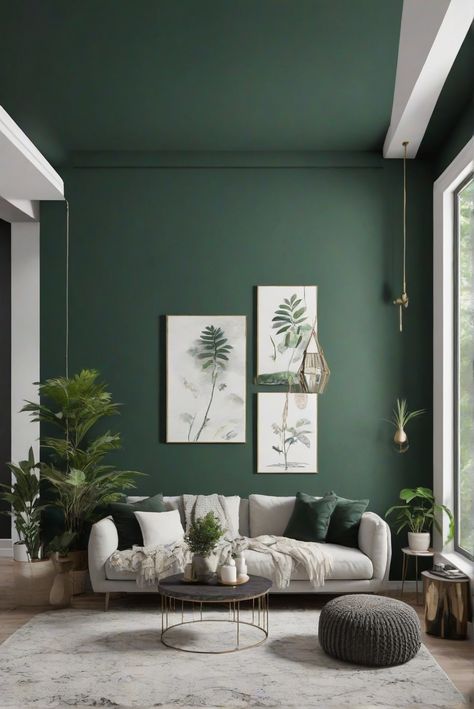 living room painting,home decor ideas,interior design services,wall paint colors,room paint ideas,house interior design,paint color palette Emerald Walls Living Room, Forest Green Feature Wall Living Rooms, Living Room With Dark Green Accents, Forest Green Living Room Walls, Green Walls Grey Floor, Dark Green And White Living Room, Forest Green Living Room Color Scheme, Emerald Green Accent Wall Living Room, Trending Living Room Colors 2024