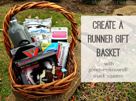 Create a Runner Gift Basket with goodnessknows® snack squares! ~ #TryALittleGoodness #ad Running Gift Basket, Marathon Gift Basket, Runners Gift Basket, Fitness Gift Basket, Silent Auction Basket, Fundraiser Baskets, Silent Auction Baskets, Auction Basket, Marathon Gift