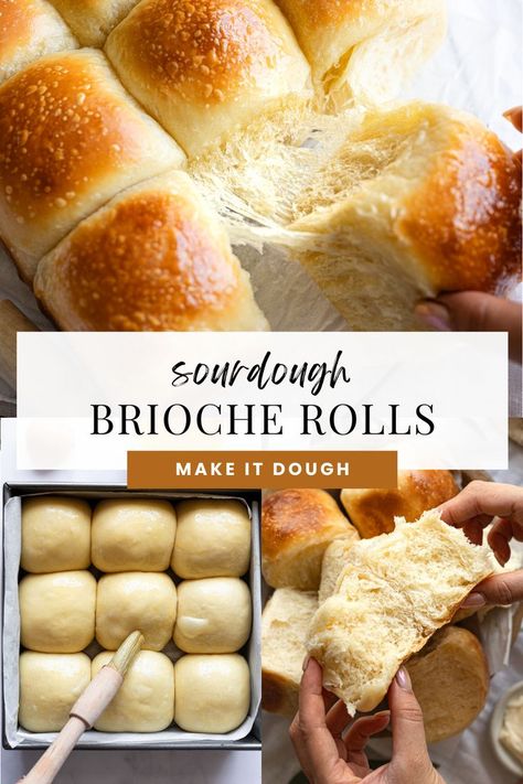 Looking to make the best buttery and pillowy sourdough dinner rolls without yeast? This overnight recipe brings fluffy, homemade brioche-style rolls straight to your table. Perfect for family gatherings or holidays, these rolls are soft, rich, and made with natural sourdough starter for depth of flavor. Discover the simple steps to create these airy dinner rolls that taste amazing and impress every time. Visit makeitdough.com for this recipe and more sourdough inspiration today! Easy Sourdough Rolls From Starter, Pantry Mama Sourdough Rolls, Sourdough Soft Dinner Rolls, Fluffy Sourdough Dinner Rolls, Overnight Yeast Rolls Recipe, Thanks Giving Rolls Recipe, Little Spoon Farm Sourdough Rolls, Sourdough Starter Rolls Recipe, Sourdough Discard Yeast Rolls