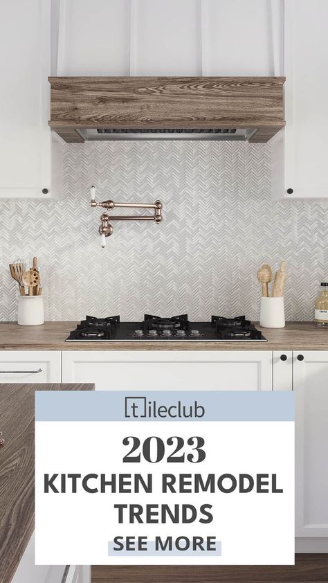 Kitchen Herringbone Backsplash, Kitchens With Butcher Block Countertops, Kitchen With Butcher Block, Herringbone Backsplash Kitchen, Kitchen Countertop Trends, Kitchen Remodel Trends, White And Wood Kitchen, Butcher Block Countertops Kitchen, Wood Kitchen Backsplash