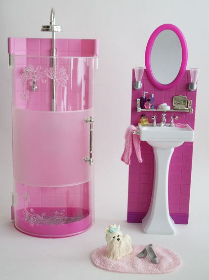 BATHROOM PLAYSET – SHOWER & VANITY – 2006 – My Barbie Site Shower Vanity, Kawaii Purse, Barbie Bathroom, Barbie House Furniture, Barbie Playsets, Made To Move Barbie, Doll House Plans, Barbie Doll House, Birthday Photography