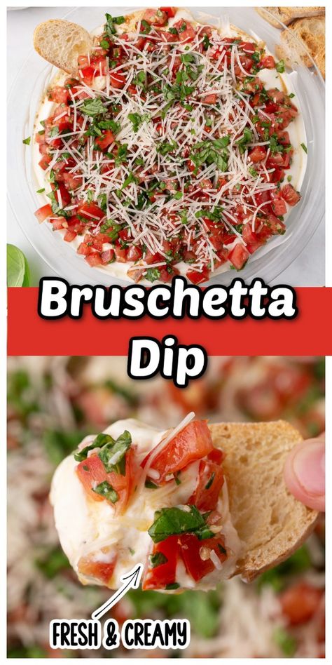 This Bruschetta Dip is a real treat, a rich appetizer that disappears fast. The creamy rich cheese base complements the tangy fresh bruschetta topping in a way that will surely impress your guests. Recipe For Bruschetta, Bruschetta Tomato Recipe, Breads For Dipping, Best Appetizer Dips Parties Food, Bursts Recipes, Good Christmas Appetizers, Bruschetta Platter, Bruschetta Appetizers Appetizer Ideas, Bruschetta Toppings Appetizer Ideas