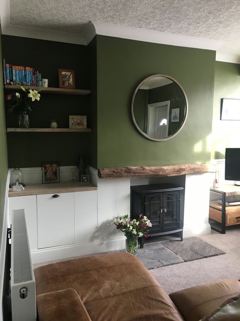 Dark Green Lounge with dado rail and wood Living Rooms With Dado Rails, Room With Dado Rail, Green Painted Lounge, Olive Green And Wood Living Room, Green Wall Green Sofa, Rooms With Dado Rails, Forest Green Lounge, Olive Green Feature Wall Living Rooms, Lounge Wall Colour Ideas