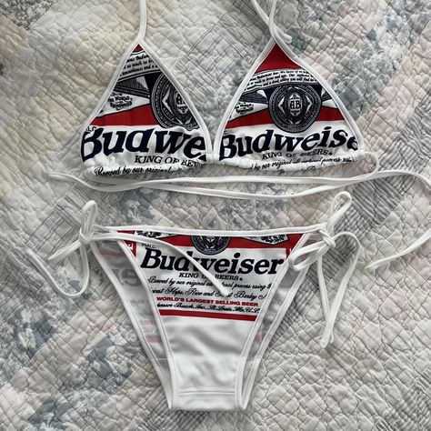 Y2K 2000s trashy Budweiser, bikini, red white and blue I might be biased but you should probably buy this on Depop 👍 https://depop.app.link/lntcHCIoKzb Trashy Y2k Swimsuit, Y2k Bikinis Vintage, 2000s Bathing Suits, 2000s Bikinis, Y2k Bikinis, Trashy Clothes, 2000s Trashy, Y2k Trashy, Y2k Swimsuit