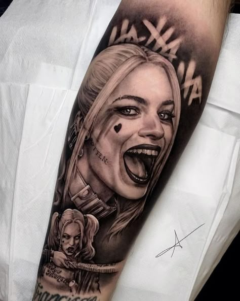 Harly Quinn Tatoos, Joker Arm Tattoo, Harley Quinn And Joker Tattoo, Harley Queen Tattoo, Joker Tattoo For Women, Tattoo Harley Quinn, Joker And Harley Quinn Tattoo, Harley Quinn Tattoo Ideas, Harley Quinn Tattoo Design