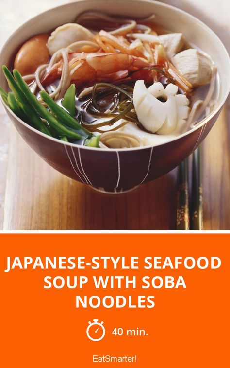 Japanese-style Seafood Soup with Soba Noodles - mittel - A recipe idea by EAT SMARTER | Seafood, Dough, Cooking on vacation, Asian, Japanese #stew #recipes Japanese Seafood Soup, Asian Seafood Soup, Japanese Seafood Recipes, Japanese Stew, Japanese Seafood, Soba Noodles Recipe, Seafood Soup Recipes, Asian Medicine, Cultural Food