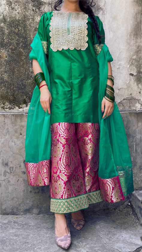 Guldasta Silk Set | Dark Green Silk Suit Design | Pyoor Silk Suit Designs Indian, Silk Suit Design, Green Silk Suit, Pakistani Suit Design, Dark Green Suit, Saree Reuse, Simple Kurtis, Cotton Dress Pattern, Design Kurti