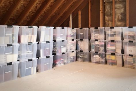 Organize Attic Storage, Attic Storage Organization Slanted Walls, Organizing Attic, Walk In Attic Storage, Small Attic Storage, Attic Storage Ideas Organizing, Organized Attic, Small Attic Storage Ideas, Loft Organisation