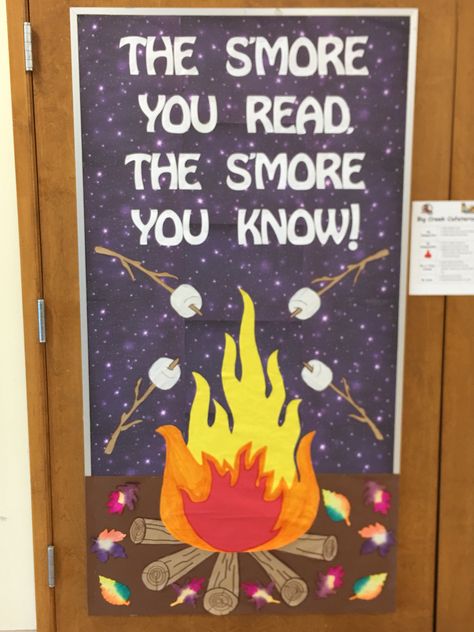 Smores Classroom Door, S’mores Classroom Door, Smore Learning Bulletin Board, The Smore You Read The Smore You Know Bulletin Board, S’mores Bulletin Board, Smores Display, Bulletin Board Library, Library Bulletin Boards, Library Display